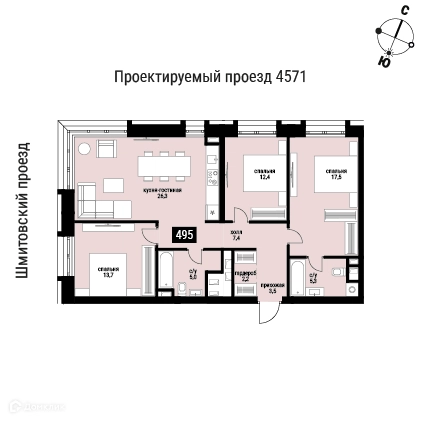 3-комнатная квартира 93.4 м² Шелепиха