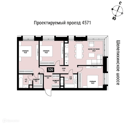 3-комнатная квартира 94.9 м² Шелепиха