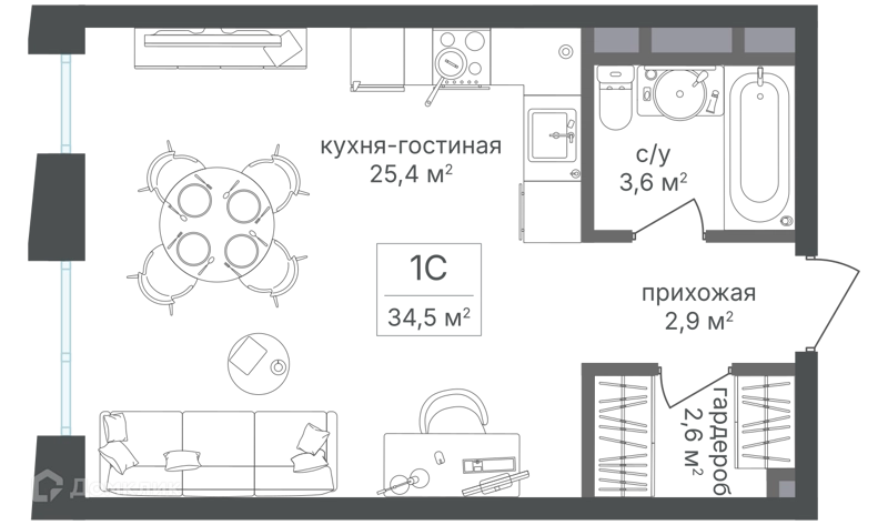 Студия 34.4 м² Семеновский парк 2