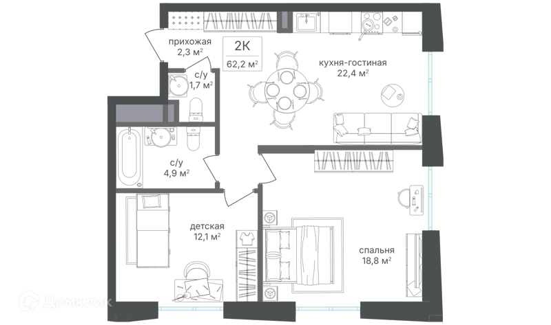 2-комнатная квартира 62.1 м² Семеновский парк 2