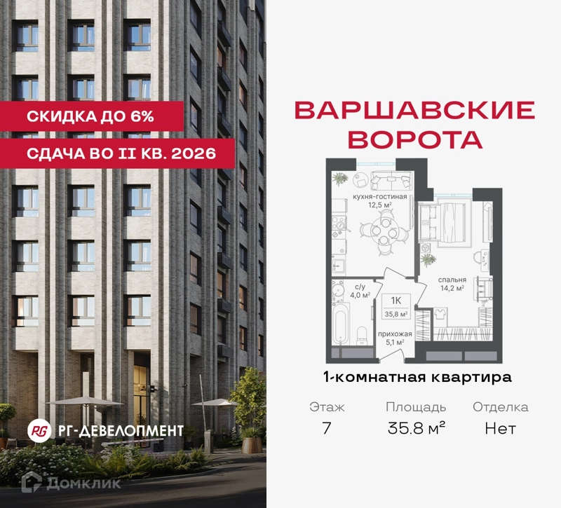 1-комнатная квартира 35.8 м² Варшавские ворота