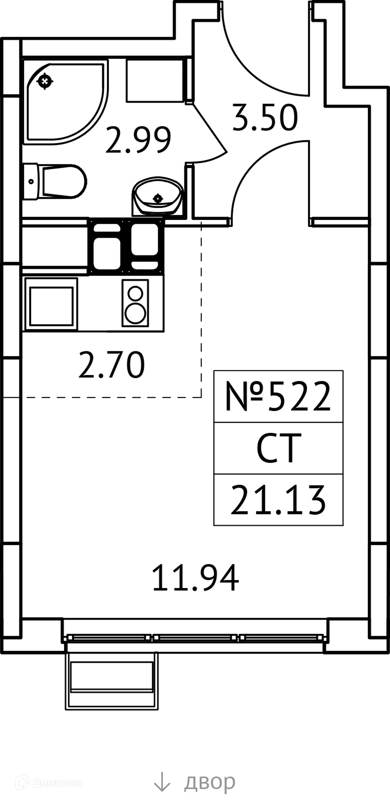 Студия 21 м² Новотомилино