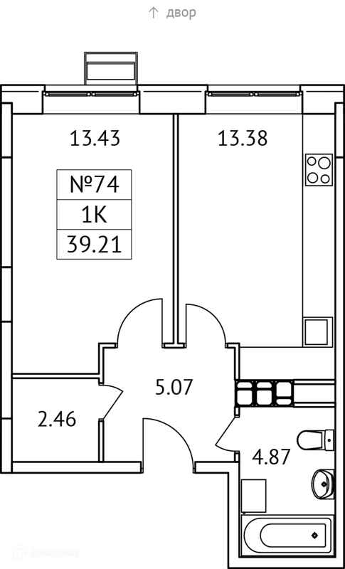 1-комнатная квартира 39 м² Новотомилино