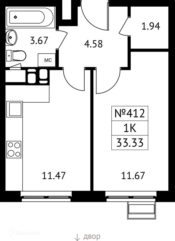 1-комнатная квартира 33 м² Новотомилино