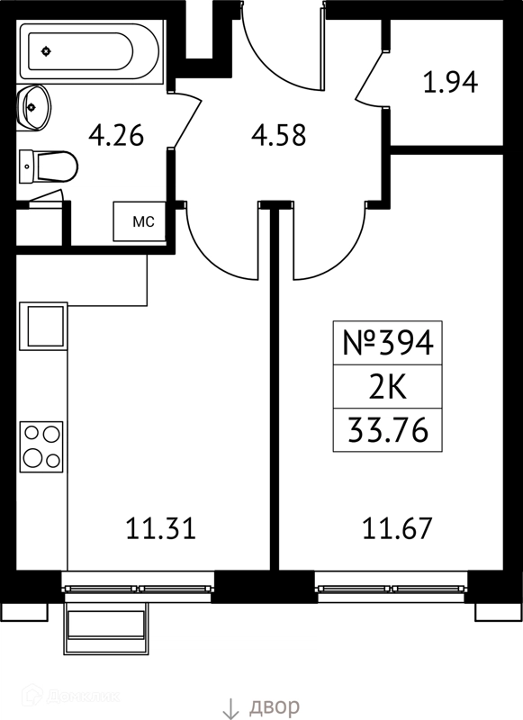 1-комнатная квартира 34 м² Новотомилино