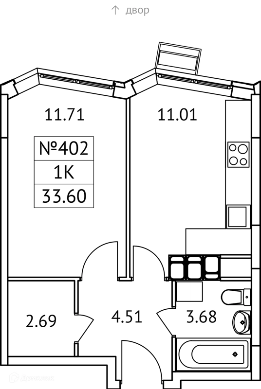 1-комнатная квартира 34 м² Новотомилино