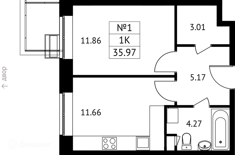 1-комнатная квартира 36 м² Новотомилино
