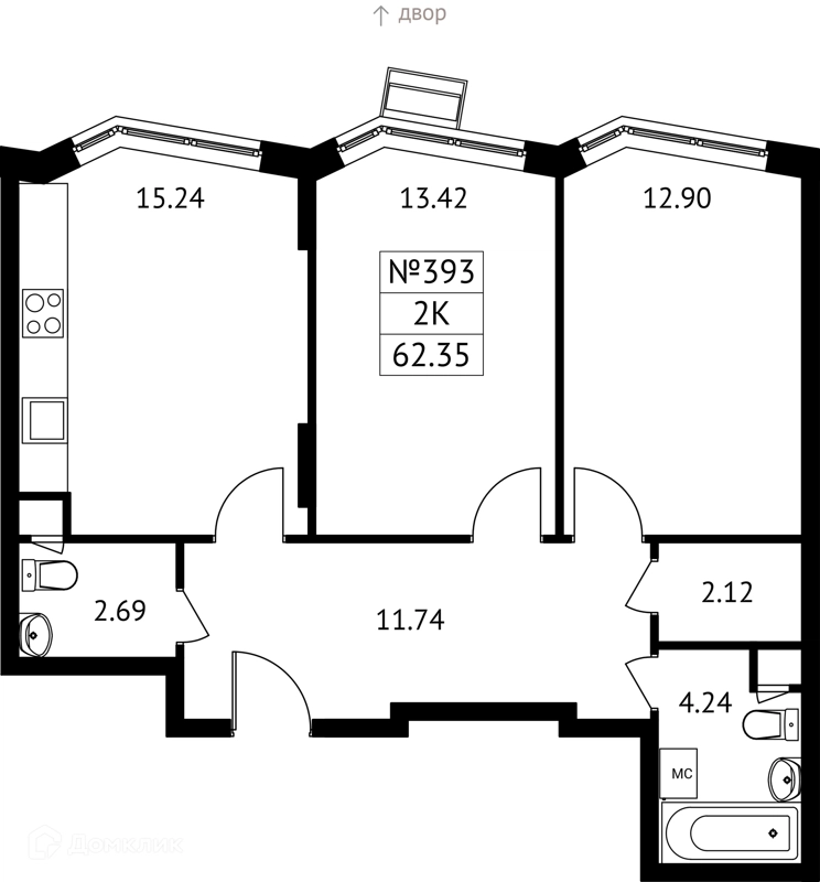 2-комнатная квартира 62 м² Новотомилино