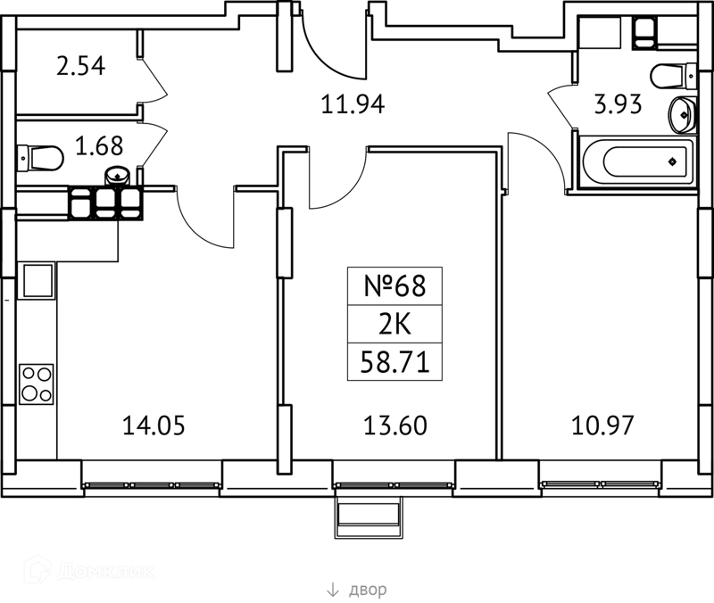 2-комнатная квартира 59 м² Новотомилино