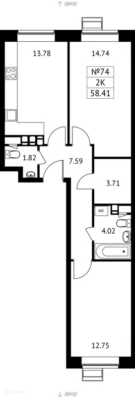 2-комнатная квартира 58 м² Новотомилино