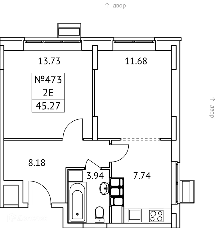 2-комнатная квартира 45 м² Новотомилино