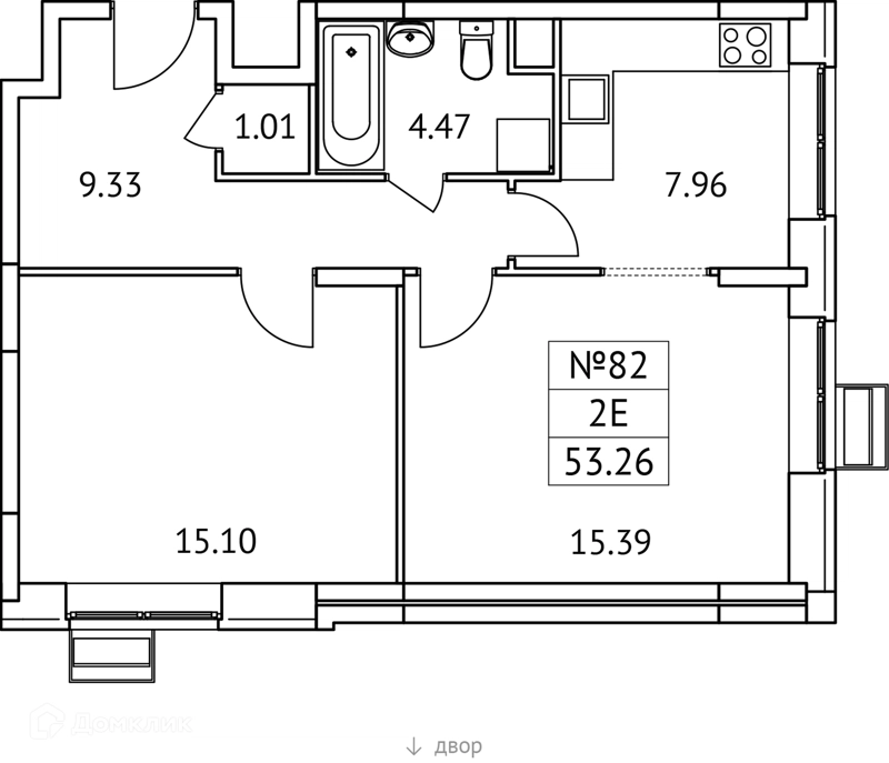 2-комнатная квартира 53 м² Новотомилино