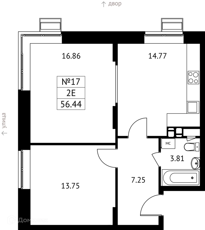 2-комнатная квартира 56 м² Новотомилино