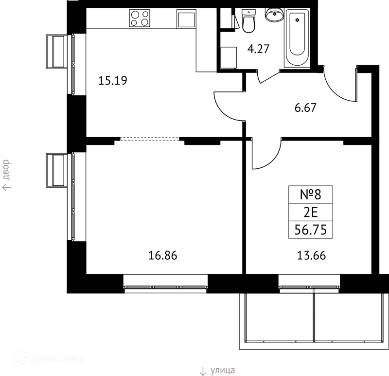 2-комнатная квартира 57 м² Новотомилино