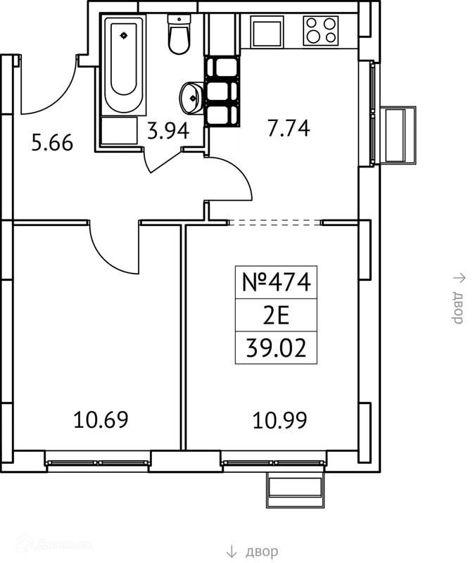 2-комнатная квартира 39 м² Новотомилино