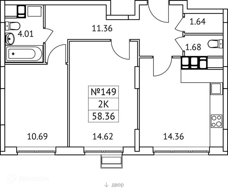 2-комнатная квартира 58 м² Новотомилино