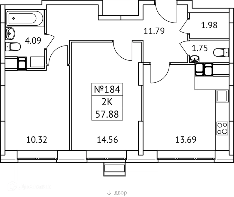 2-комнатная квартира 58 м² Новотомилино