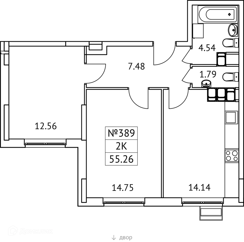 2-комнатная квартира 55 м² Новотомилино