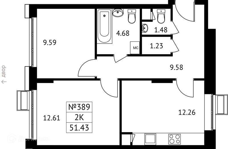 2-комнатная квартира 51 м² Новотомилино