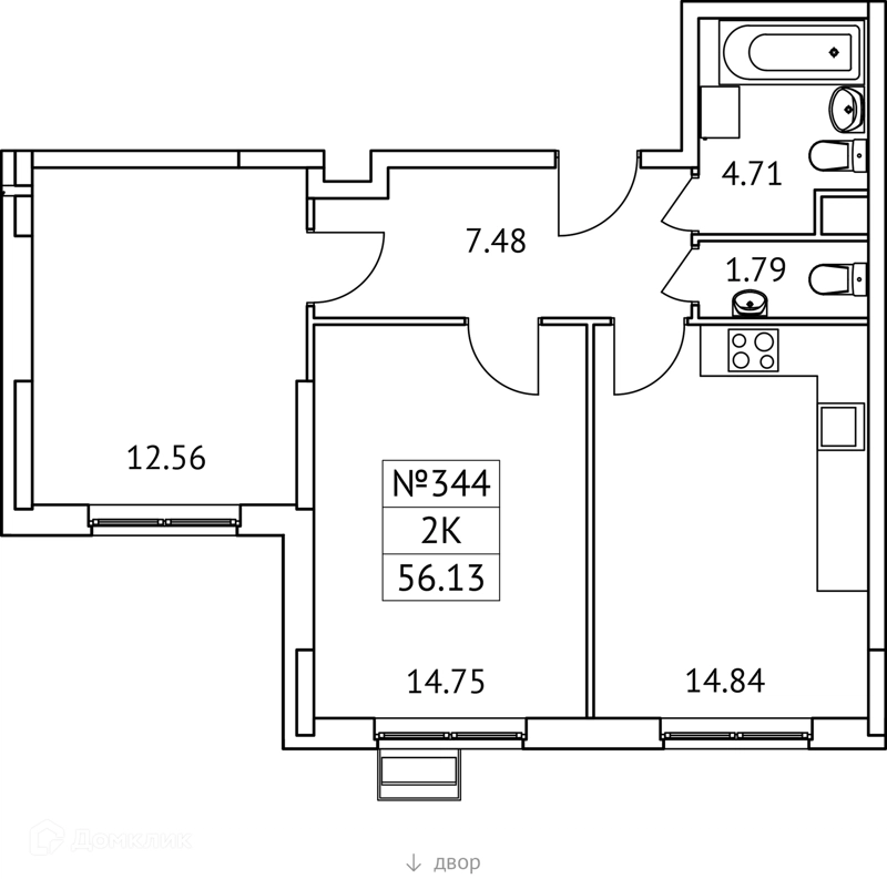 2-комнатная квартира 56 м² Новотомилино