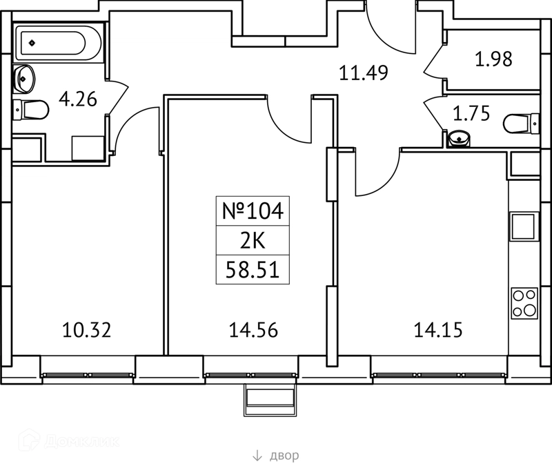 2-комнатная квартира 59 м² Новотомилино