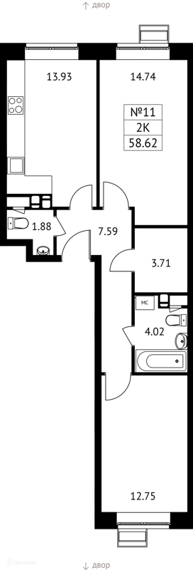 2-комнатная квартира 59 м² Новотомилино