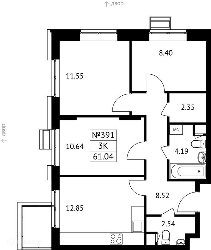 3-комнатная квартира 61 м² Новотомилино