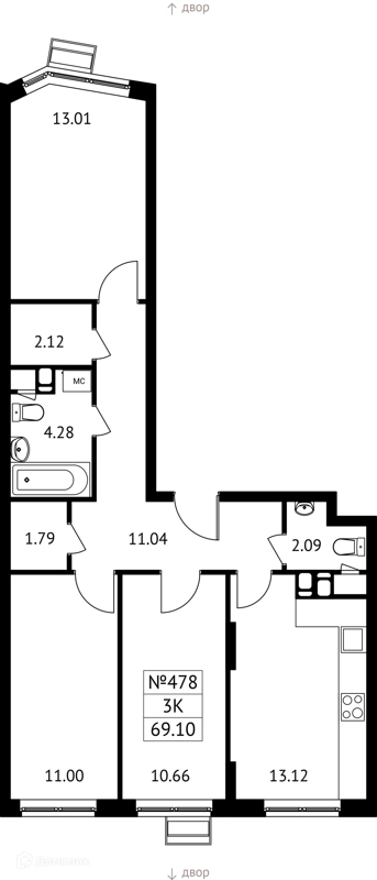 3-комнатная квартира 69 м² Новотомилино