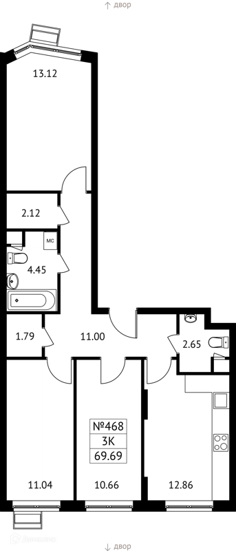 3-комнатная квартира 70 м² Новотомилино
