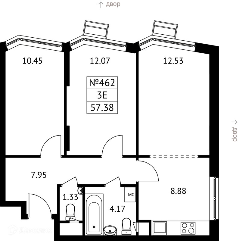 3-комнатная квартира 57 м² Новотомилино