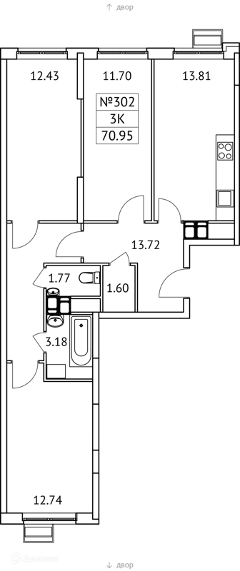3-комнатная квартира 71 м² Новотомилино