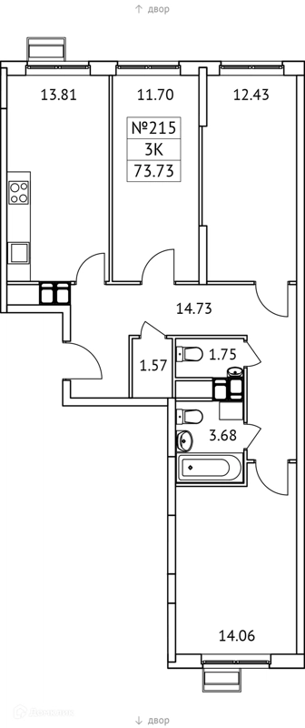 3-комнатная квартира 74 м² Новотомилино