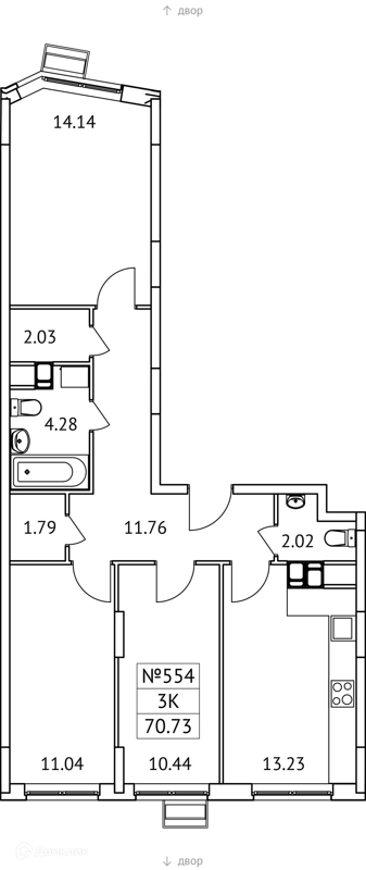 3-комнатная квартира 71 м² Новотомилино