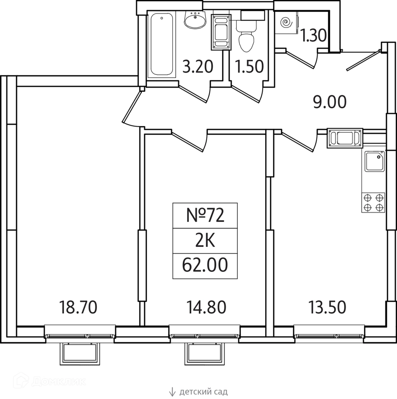 2-комнатная квартира 62 м² Видный Берег 2.0