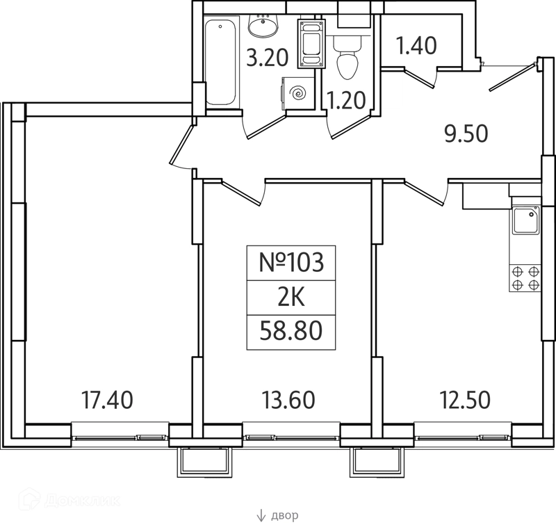 2-комнатная квартира 59 м² Видный Берег 2.0