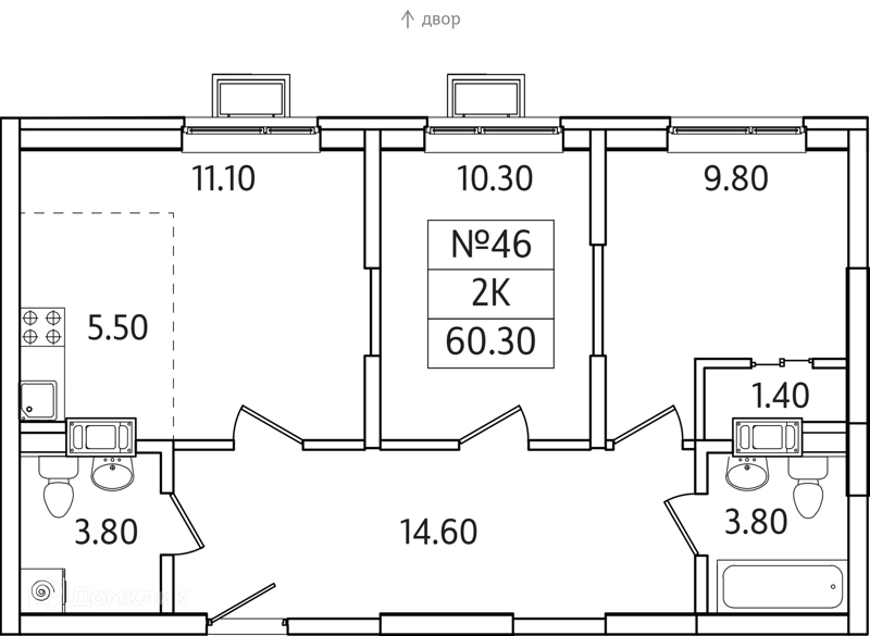 2-комнатная квартира 60 м² Видный Берег 2.0