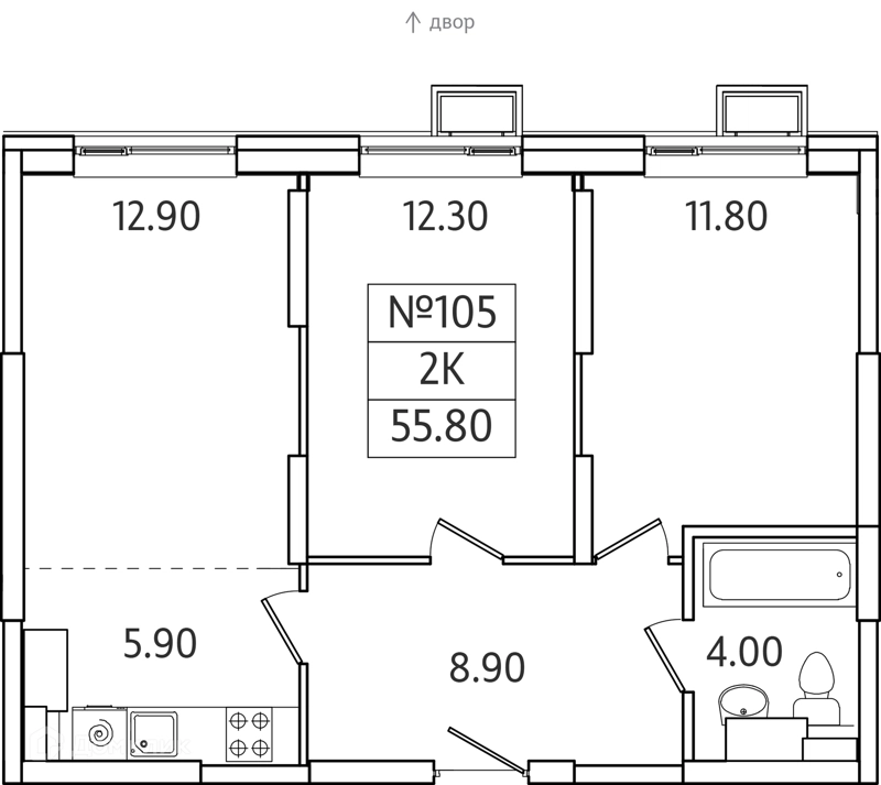 2-комнатная квартира 56 м² Видный Берег 2.0