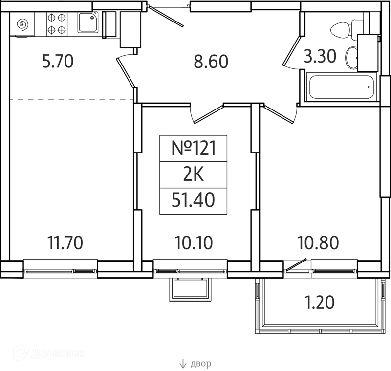 2-комнатная квартира 51 м² Видный Берег 2.0