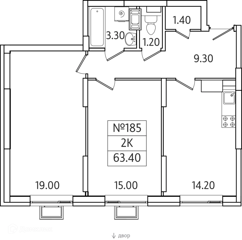 2-комнатная квартира 63 м² Видный Берег 2.0