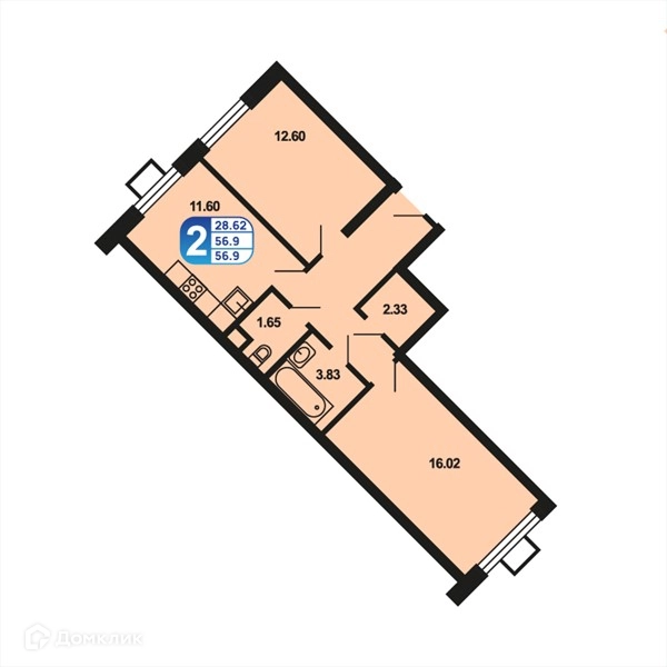 2-комнатная квартира 56.9 м² Краснофлотский