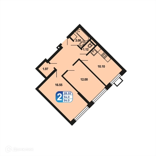 2-комнатная квартира 54 м² Краснофлотский