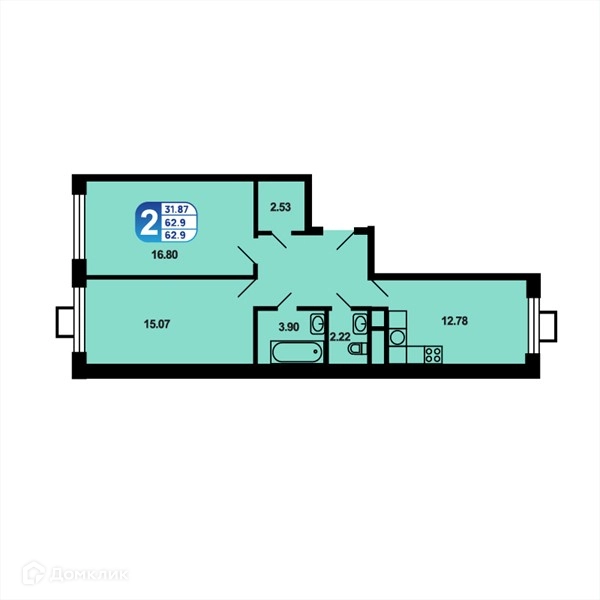 2-комнатная квартира 61.9 м² Краснофлотский