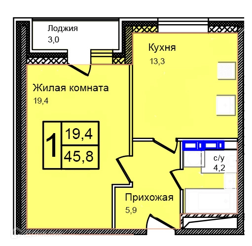 1-комнатная квартира 45.8 м² Троицкий