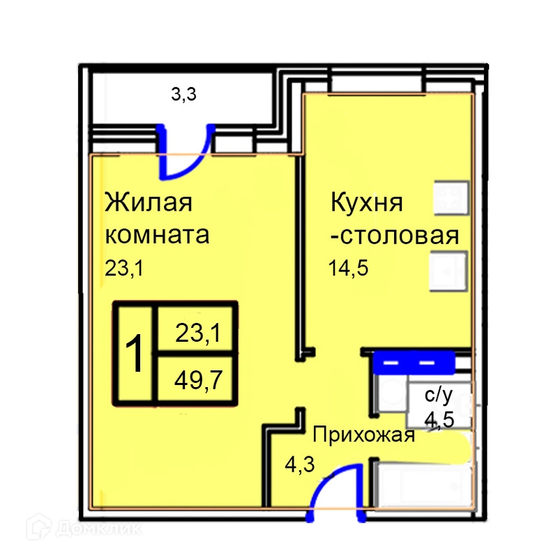 1-комнатная квартира 49.7 м² Троицкий