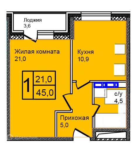 1-комнатная квартира 45 м² Троицкий