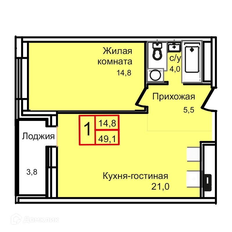 1-комнатная квартира 49.1 м² Троицкий