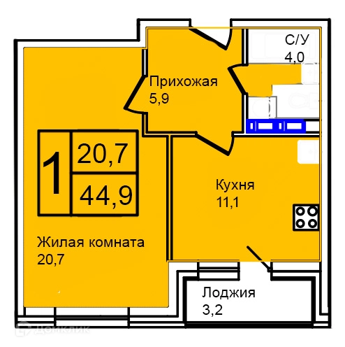 1-комнатная квартира 44.9 м² Троицкий