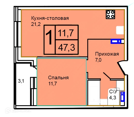 1-комнатная квартира 47.3 м² Троицкий
