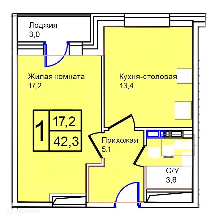 1-комнатная квартира 42.3 м² Троицкий