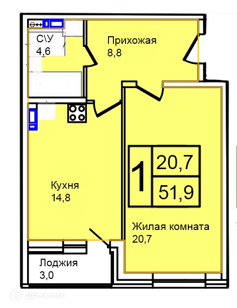 1-комнатная квартира 51.9 м² Троицкий